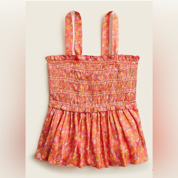 J. Crew Tops - J. Crew Smocked Featherweight Satin Women’s Size L Coral Meadow Floral Tank Top